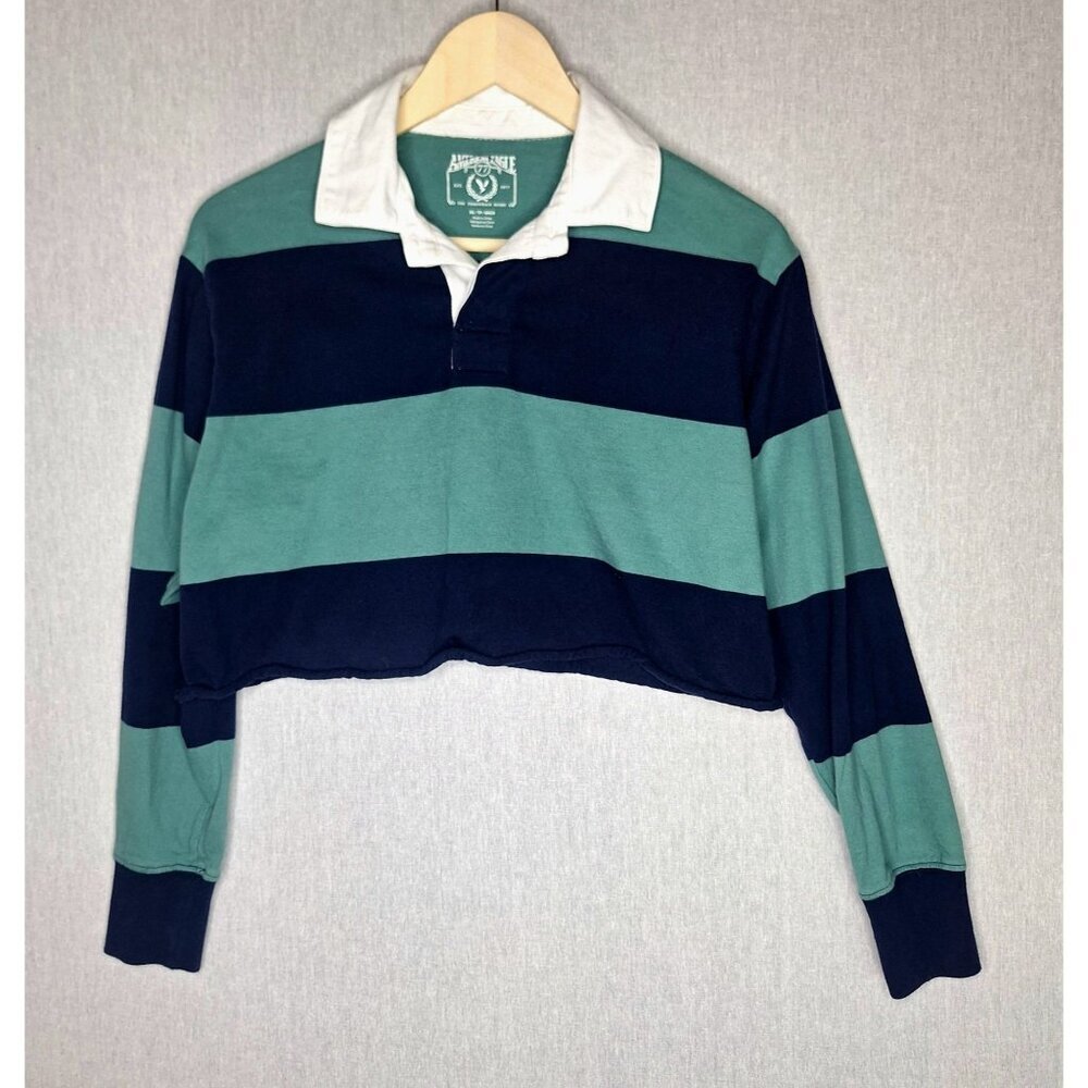 💙 American Eagle Oversized Rugby Shirt Cropped Size XS/S Trendy Cute Outfit - Picture 2 of 8